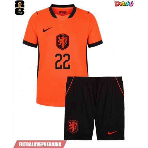Lacne Dětský Futbalové dres Holandsko Denzel Dumfries #22 MS 2026 Krátky Rukáv - Domáci (+ trenírky)